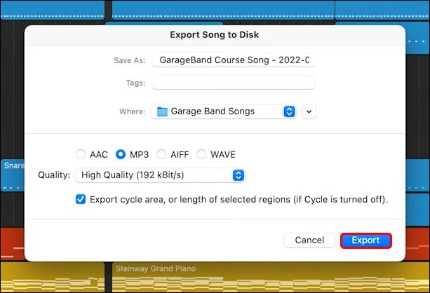 click Export | Save GarageBand Files as MP3
