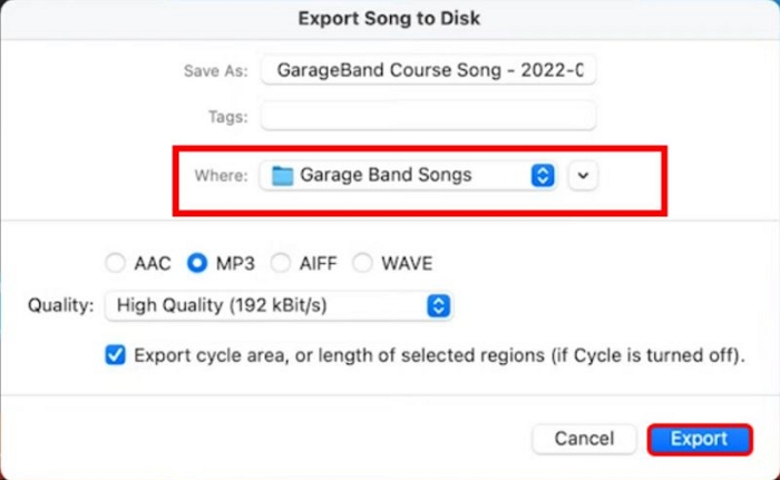 Where drop-down | Save GarageBand Files as MP3