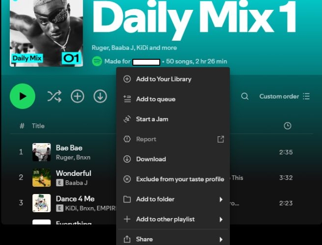 click Add to other playlist | Daily Mix on Spotify