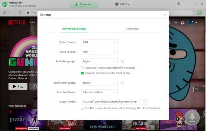 settings button | noteburner netflix video downloader
