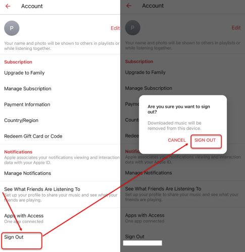 tap Sign Out | Sign out of Apple Music