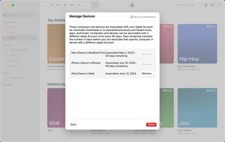 click Remove | Sign out of Apple Music