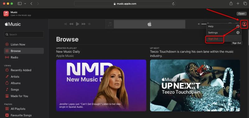 click profile | Sign out of Apple Music