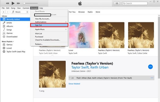 select Account | Sign out of Apple Music
