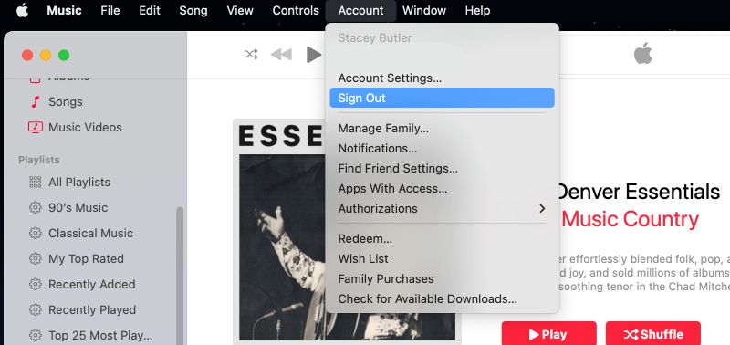 refresh Apple Music | Sign out of Apple Music