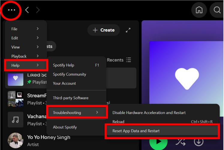 reset app data and restart | Spotify Liked Songs Not Showing