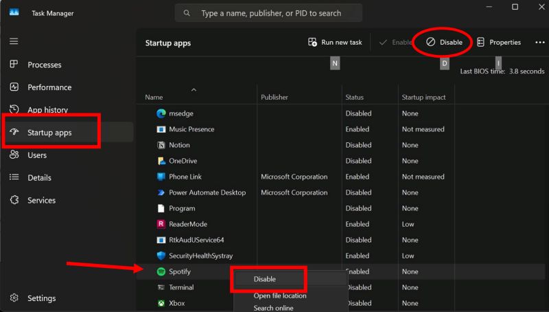 select Disable | Stop Spotify from Opening on Startup