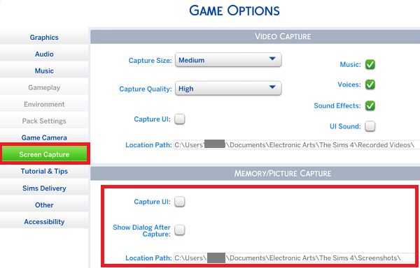 uncheck Capture UI | Take Sims 4 Screenshots