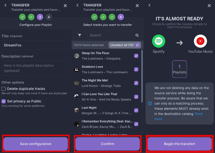 tap Begin the transfer | Transfer Spotify Playlists to YouTube Music
