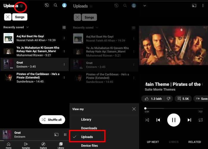 Uploads option | Transfer Spotify Playlists to YouTube Music