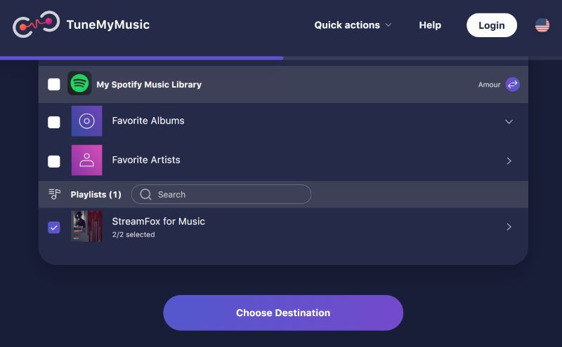 hit Choose Destination | Transfer Spotify Playlists to YouTube Music