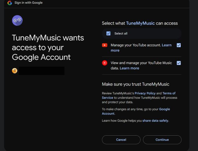 hit Continue | Transfer Spotify Playlists to YouTube Music