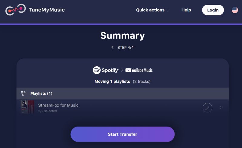 click Start Transfer | Transfer Spotify Playlists to YouTube Music
