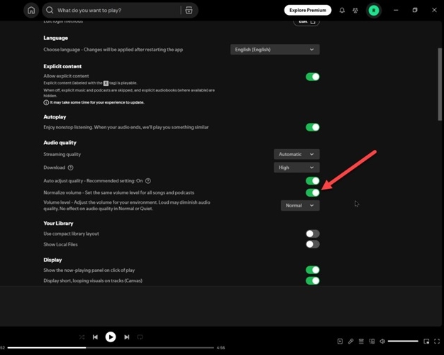 toggle off Enable Auto Normalization | Make Spotify Louder 
