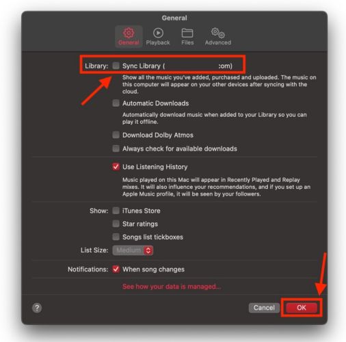 click OK | Turn off iCloud Music Library