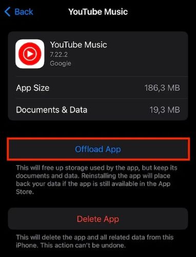 select Offload App | YouTube Music Keeps Stopping