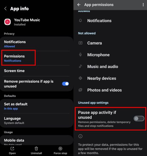 Pause app activity if unused off | YouTube Music Keeps Stopping