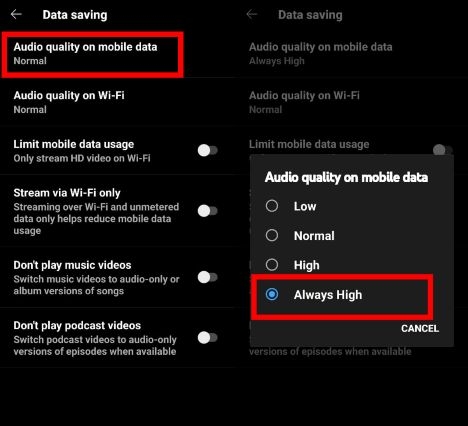 choose Always High | YouTube Music Sound Quality