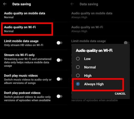 tap Audio quality on Wi-Fi | YouTube Music Sound Quality